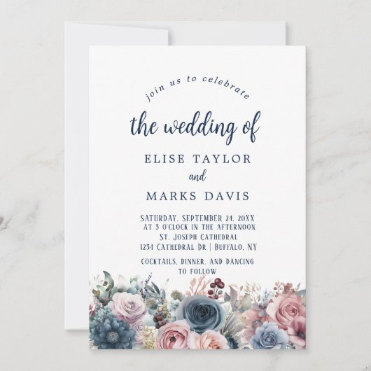 Navy Blauw Blush Roze Rozen Bruiloft Kaart (Voorkant)