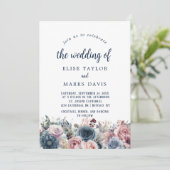 Navy Blauw Blush Roze Rozen Bruiloft Kaart (Staand voorkant)