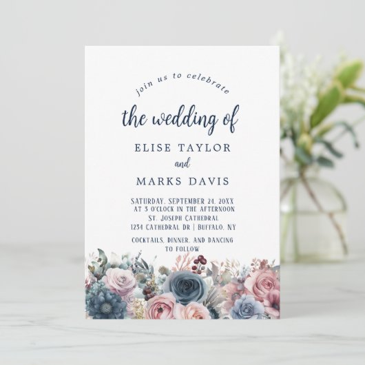 Navy Blauw Blush Roze Rozen Bruiloft Kaart (Staand voorkant)