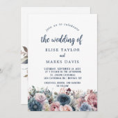 Navy Blauw Blush Roze Rozen Bruiloft Kaart (Voorkant / Achterkant)