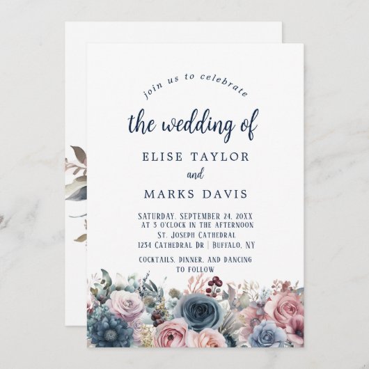 Navy Blauw Blush Roze Rozen Bruiloft Kaart (Voorkant / Achterkant)