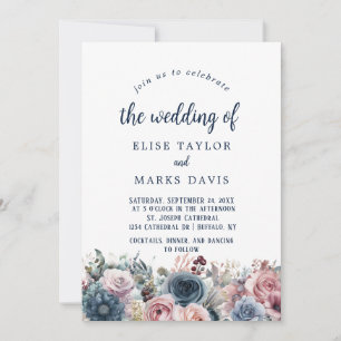 Navy Blauw Blush Roze Rozen Bruiloft Kaart