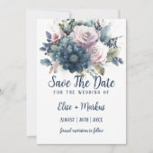 Navy Blauw Blush Roze Rozen Bruiloft Save The Date Kaart (Voorkant)