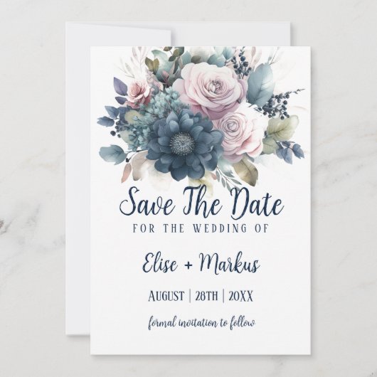 Navy Blauw Blush Roze Rozen Bruiloft Save The Date Kaart (Voorkant)