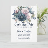 Navy Blauw Blush Roze Rozen Bruiloft Save The Date Kaart (Staand voorkant)