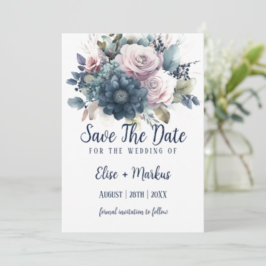 Navy Blauw Blush Roze Rozen Bruiloft Save The Date Kaart (Staand voorkant)