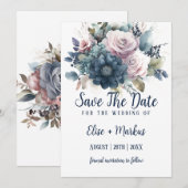 Navy Blauw Blush Roze Rozen Bruiloft Save The Date Kaart (Voorkant / Achterkant)