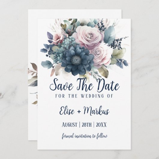 Navy Blauw Blush Roze Rozen Bruiloft Save The Date Kaart (Voorkant / Achterkant)