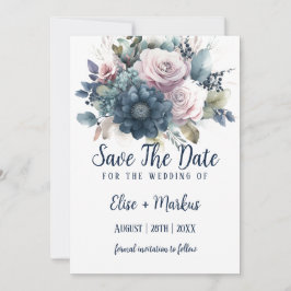 Navy Blauw Blush Roze Rozen Bruiloft Save The Date Kaart