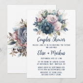 Navy blauw blush roze rozen koppels douche kaart (Voorkant / Achterkant)