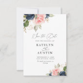 Navy blauw & blush waterverf bloemen save the date kaart (Voorkant)