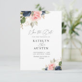 Navy blauw & blush waterverf bloemen save the date kaart (Staand voorkant)