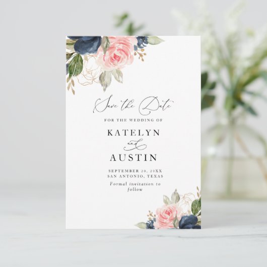 Navy blauw & blush waterverf bloemen save the date kaart (Staand voorkant)
