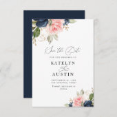 Navy blauw & blush waterverf bloemen save the date kaart (Voorkant / Achterkant)