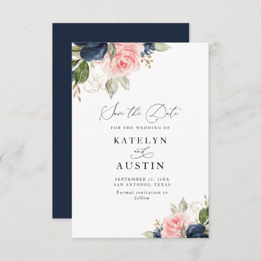Navy blauw & blush waterverf bloemen save the date kaart (Voorkant / Achterkant)