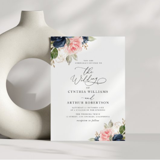 Navy blauw & blush waterverf bloemenbruiloft kaart