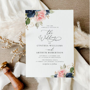 Navy blauw & blush waterverf bloemenbruiloft kaart