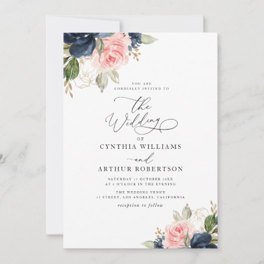 Navy blauw & blush waterverf bloemenbruiloft kaart (Voorkant)