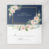 Navy blauw & blush waterverf bloemenbruiloft plaatskaartje (Buitenkant ongevouwen)