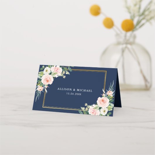 Navy blauw & blush waterverf bloemenbruiloft plaatskaartje (Achterkant)