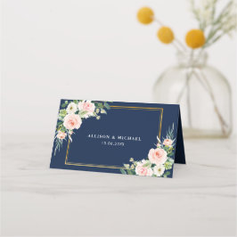 Navy blauw & blush waterverf bloemenbruiloft plaatskaartje