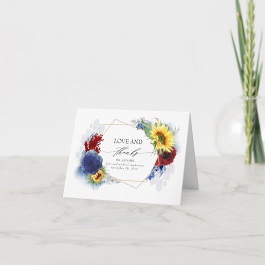 Navy blauw bordeaux geel herfst bruiloft dank u bedankkaart (Voorkant)