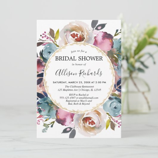 Navy blauw bordeauxrood rustiek floraal vrijgezell kaart (Staand voorkant)