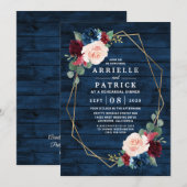 Navy Blauw Bourgondië Goud Blush repetitie diner Kaart (Voorkant / Achterkant)