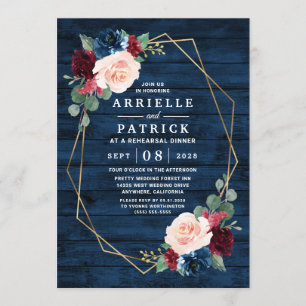 Navy Blauw Bourgondië Goud Blush repetitie diner Kaart