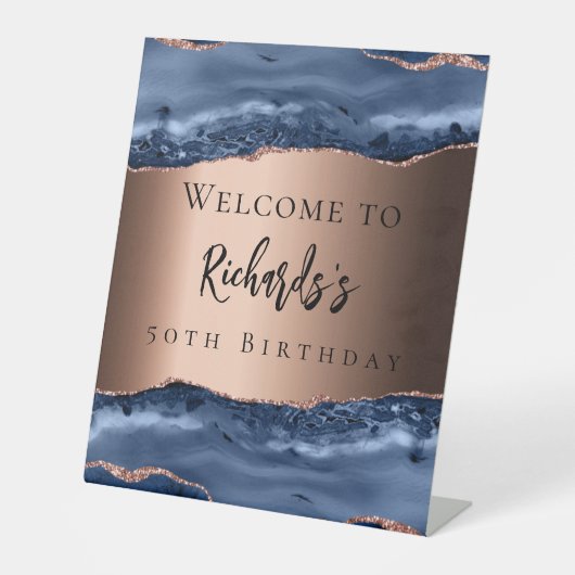 Navy blauw bronzen agaat verjaardag welkom reclamebord met voetstuk (Voorkant)