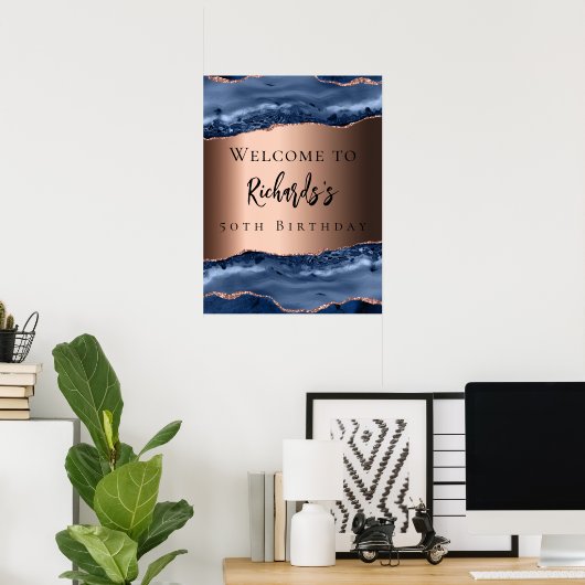 Navy blauw bronzen agaat welkom verjaardag poster (Thuiskantoor)