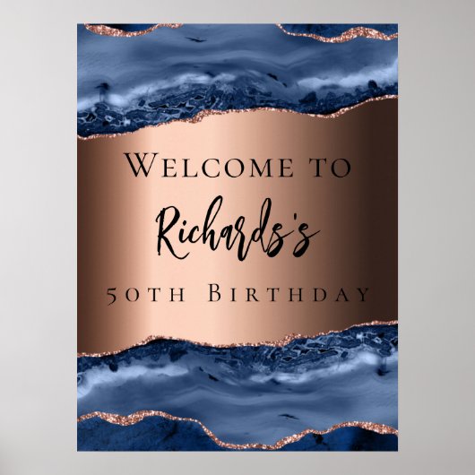 Navy blauw bronzen agaat welkom verjaardag poster (Voorkant)