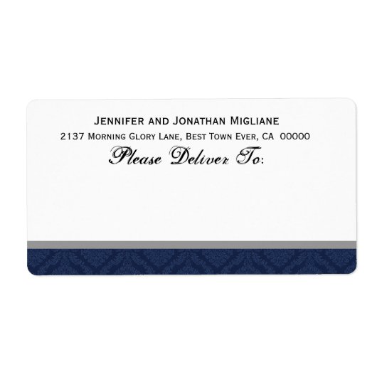 Navy Blauw Bruiloft Damask Etiket (Voorkant)