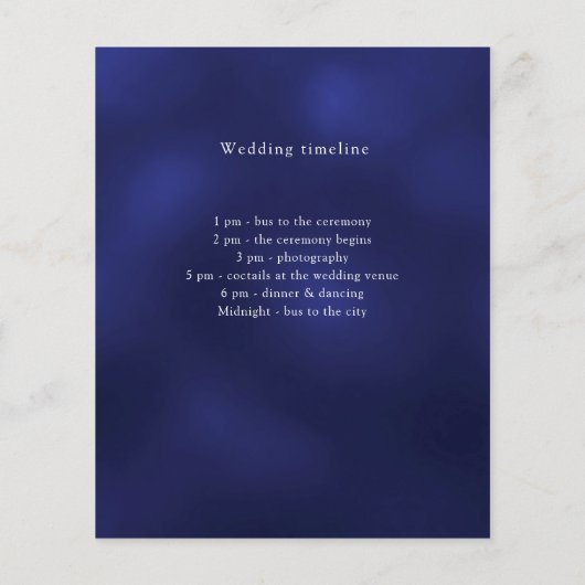 Navy blauw budget bruiloft programma details flyer (Achterkant)