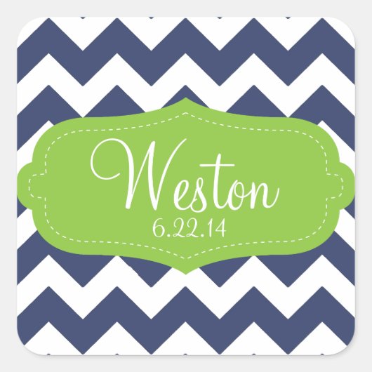 Navy blauw chevron en groen. Monogram Vierkante Sticker (Voorkant)