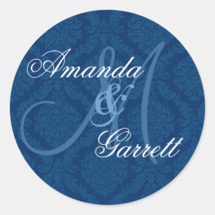NAVY BLAUW Damask Bruiloft Custom Monogram V2 Ronde Sticker