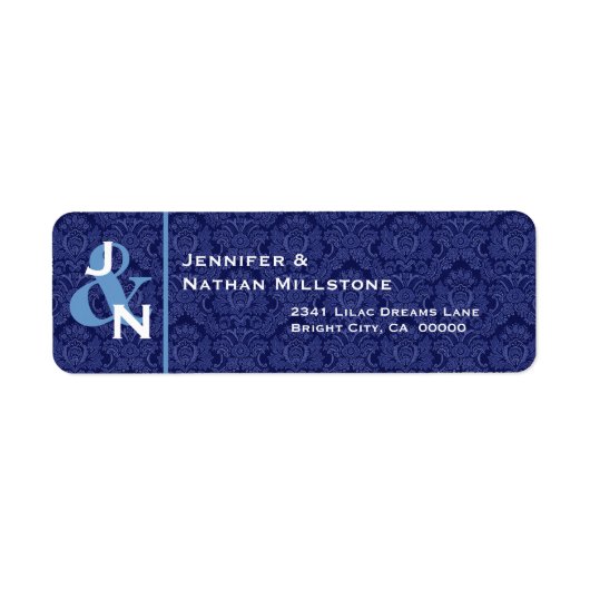 NAVY BLAUW Damask Bruiloft Monogram Etiket (Voorkant)