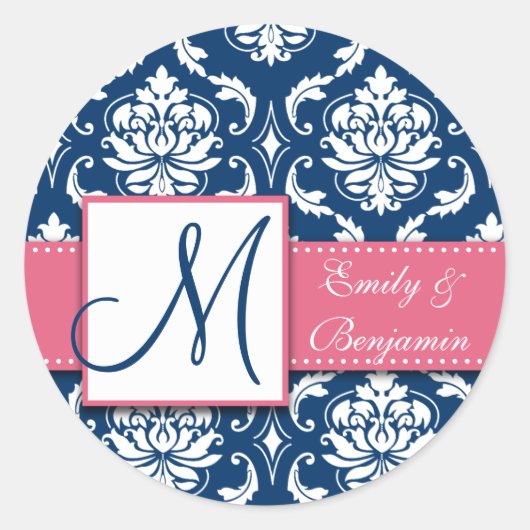 Navy Blauw Damask Trouwgunst Sticker Roze (Voorkant)