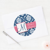 Navy Blauw Damask Trouwgunst Sticker Roze (Envelop)