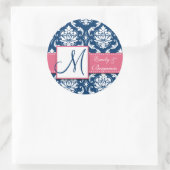 Navy Blauw Damask Trouwgunst Sticker Roze (Tas)