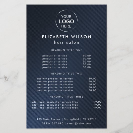 Navy-Blauw | Eenvoudige Salon Service Menu Flyer (Voorkant)