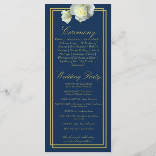 Navy Blauw Elegant Goud Script Framed White Rose Programmakaart (Achterkant)