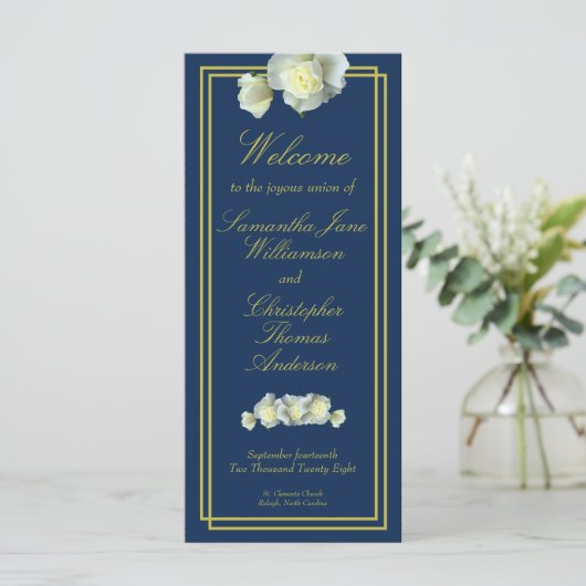 Navy Blauw Elegant Goud Script Framed White Rose Programmakaart (Staand voorkant)
