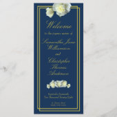 Navy Blauw Elegant Goud Script Framed White Rose Programmakaart (Voorkant)