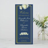Navy Blauw Elegant Goud Script Framed White Rose Programmakaart (Staand voorkant)