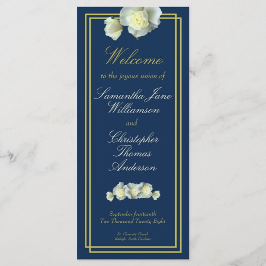 Navy Blauw Elegant Goud Script Framed White Rose Programmakaart (Voorkant)