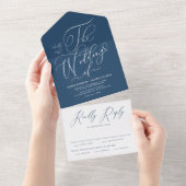 Navy Blauw Elegant Whimsical Kalligrafie Bruiloft All In One Uitnodiging (Afscheurbaar)