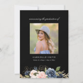 Navy blauw en blos bloemenafstudeerfeest kaart (Achterkant)