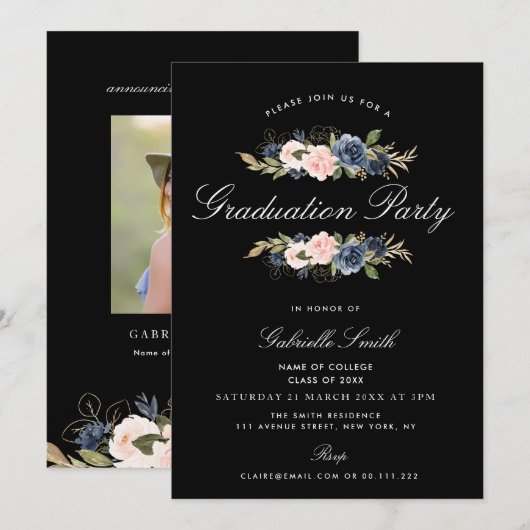 Navy blauw en blos bloemenafstudeerfeest kaart (Voorkant / Achterkant)