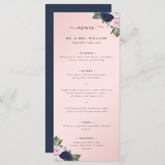 Navy Blauw en Blush Bloemen Bruiloft Menu (Voorkant / Achterkant)